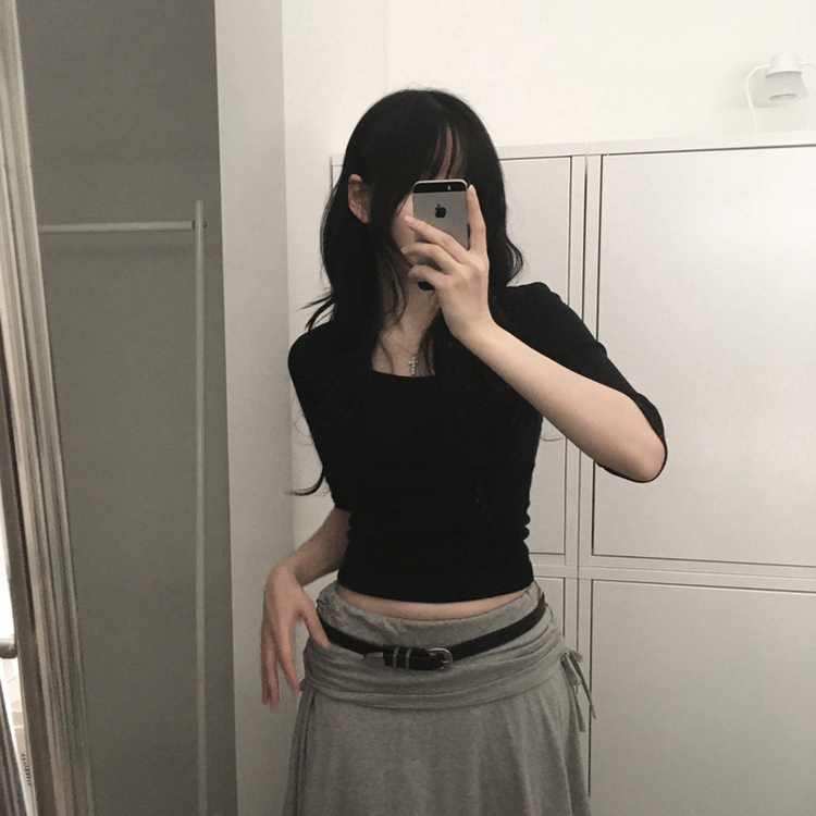 Uネックスリットスリム7分袖Tシャツ(6color) BLACK