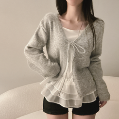 【SET】フリルキャミソール リボンニットカーディガン GREY
