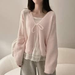 【SET】フリルキャミソール リボンニットカーディガン PINK