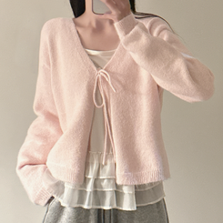 【SET】フリルキャミソール リボンニットカーディガン PINK