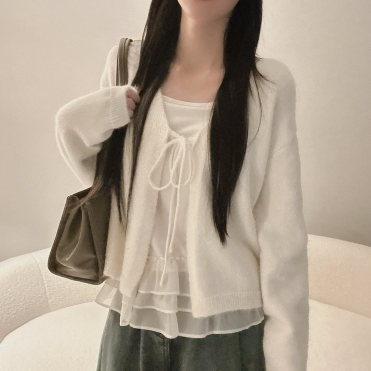 【SET】フリルキャミソール リボンニットカーディガン IVORY