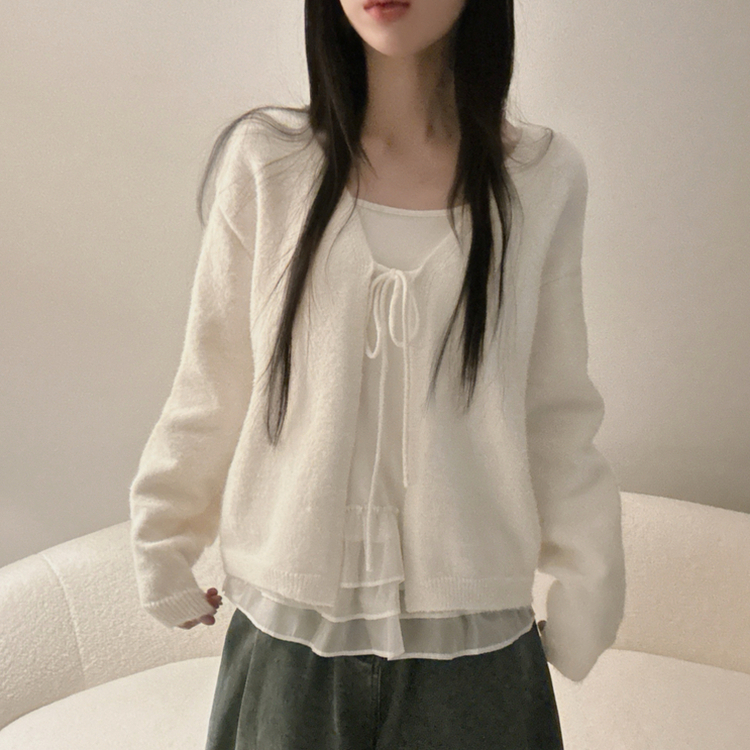 【SET】フリルキャミソール リボンニットカーディガン IVORY