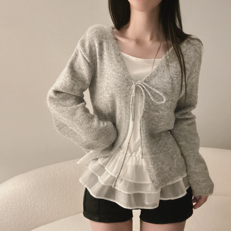 【SET】フリルキャミソール リボンニットカーディガン GREY