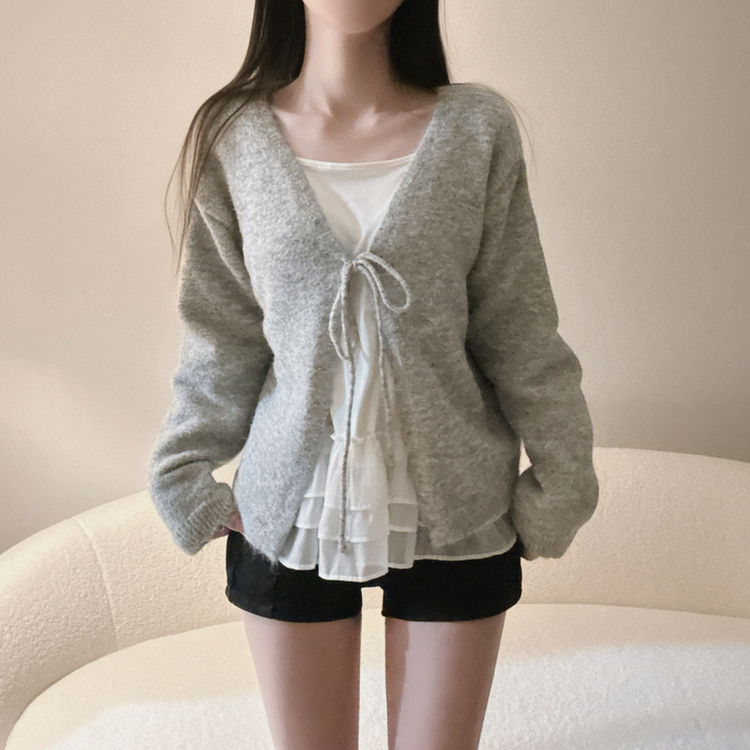 【SET】フリルキャミソール リボンニットカーディガン GREY