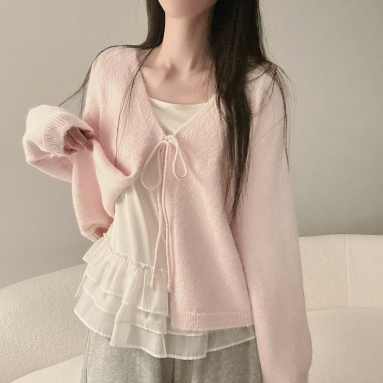 【SET】フリルキャミソール リボンニットカーディガン PINK