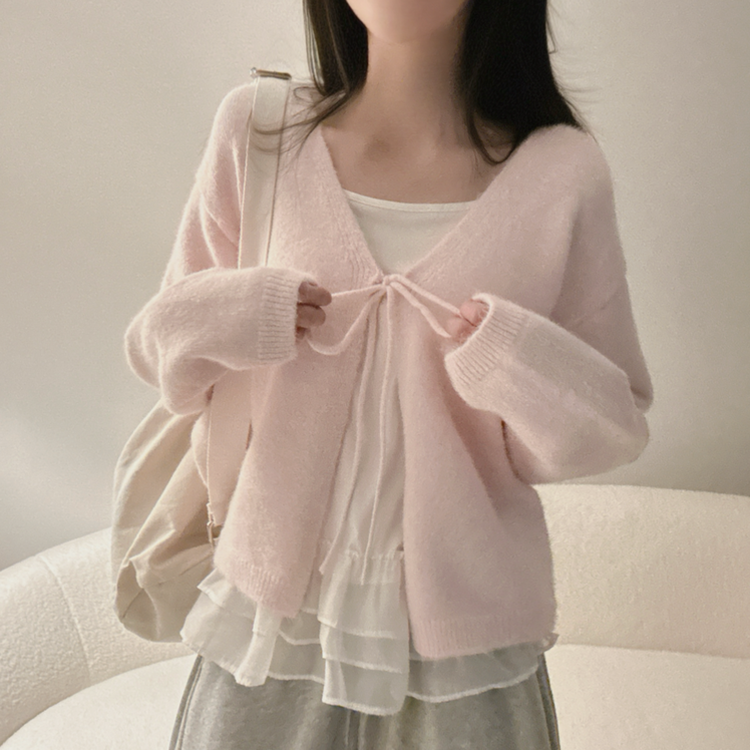 【SET】フリルキャミソール リボンニットカーディガン PINK