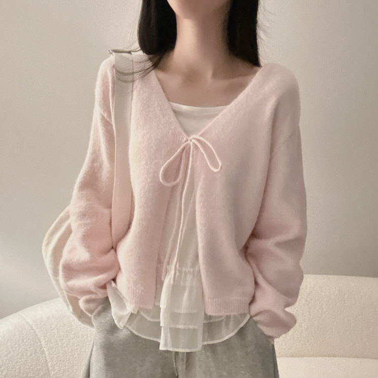 【SET】フリルキャミソール リボンニットカーディガン PINK