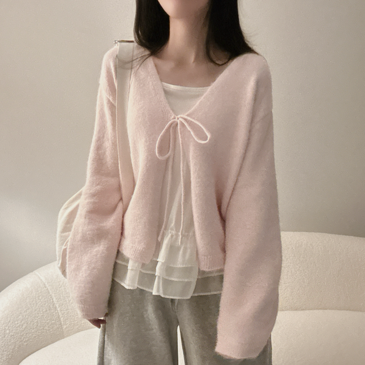 【SET】フリルキャミソール リボンニットカーディガン PINK