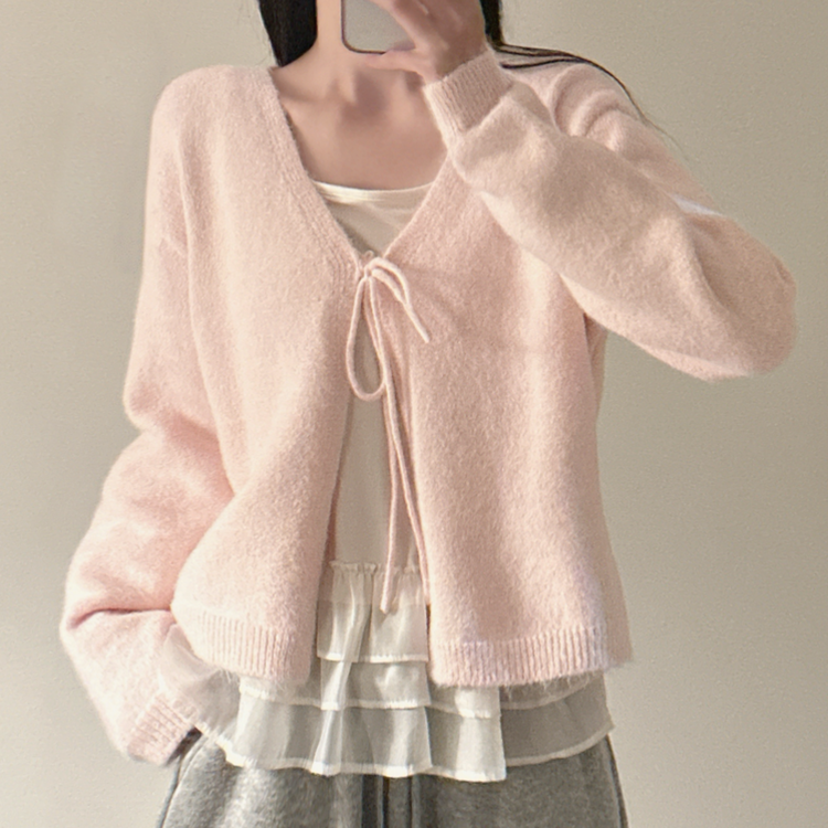 【SET】フリルキャミソール リボンニットカーディガン PINK