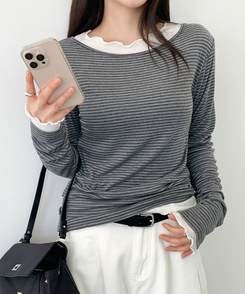 ストライプボートネックTシャツ CHARCOAL