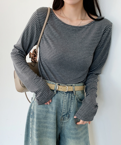 ストライプボートネックTシャツ CHARCOAL