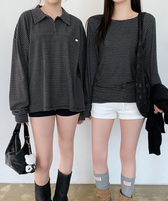 ストライプボートネックTシャツ BLACK