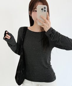 ストライプボートネックTシャツ BLACK