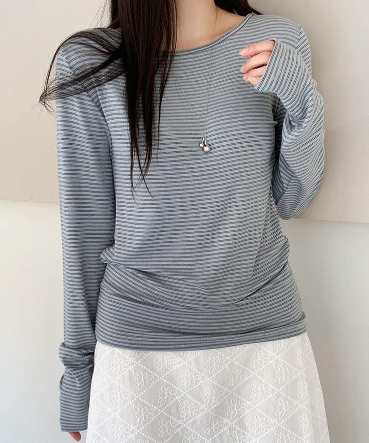 ストライプボートネックTシャツ SOFT BLUE