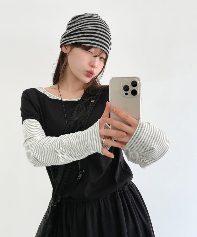 ストライプボートネックTシャツ IVORY