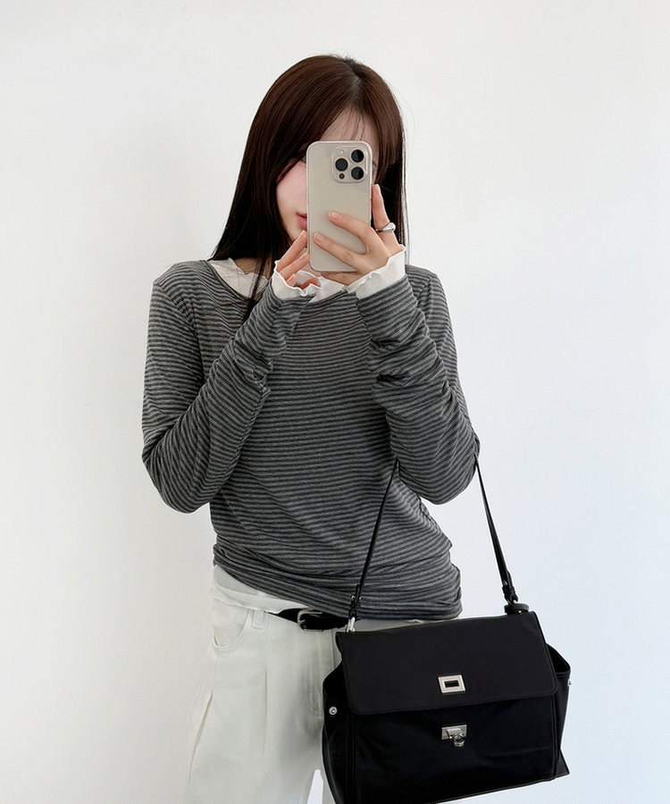 ストライプボートネックTシャツ CHARCOAL