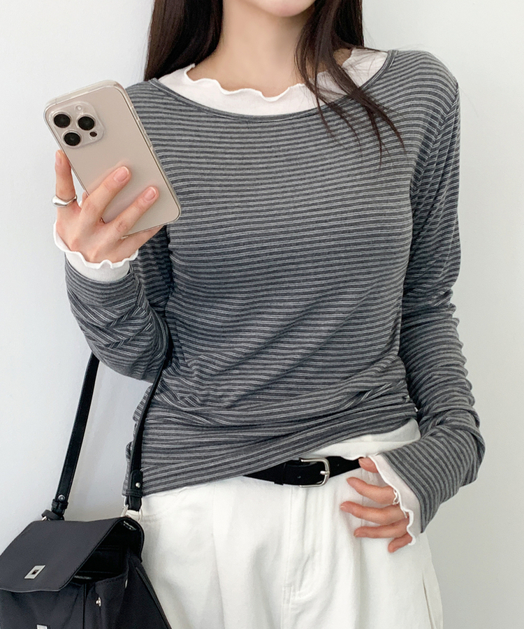 ストライプボートネックTシャツ CHARCOAL