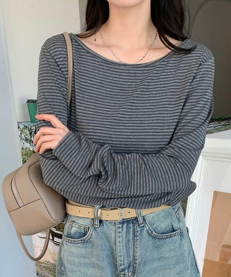 ストライプボートネックTシャツ CHARCOAL