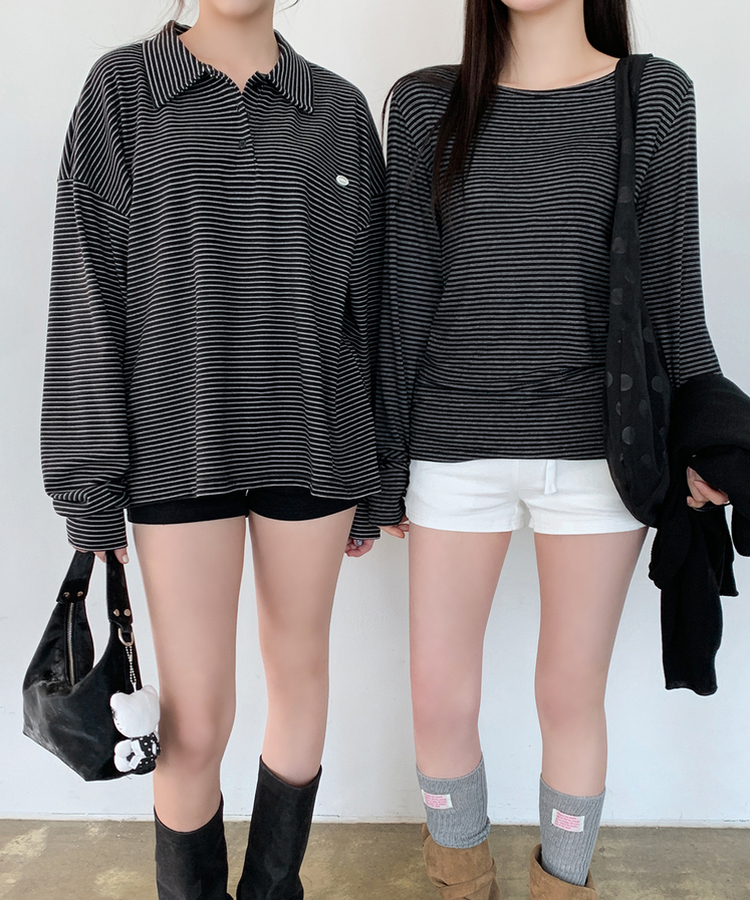 ストライプボートネックTシャツ BLACK