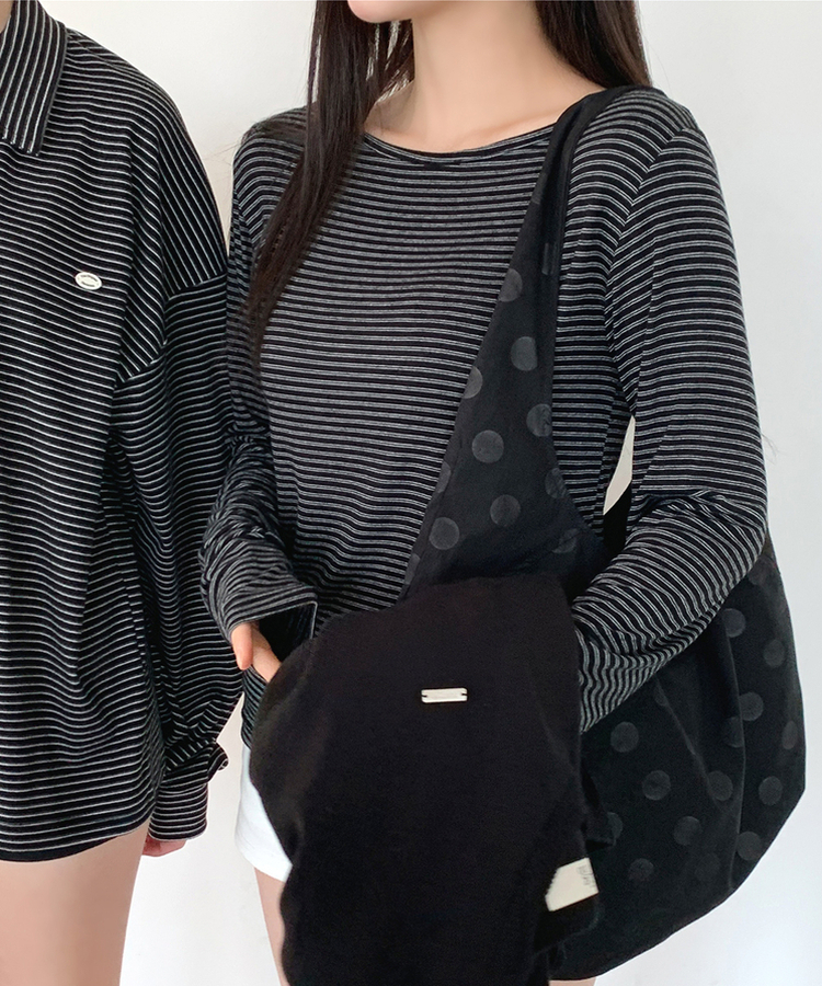 ストライプボートネックTシャツ BLACK