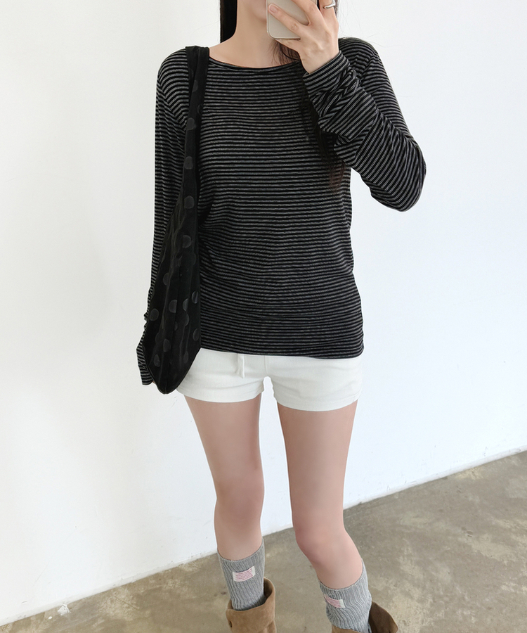 ストライプボートネックTシャツ BLACK