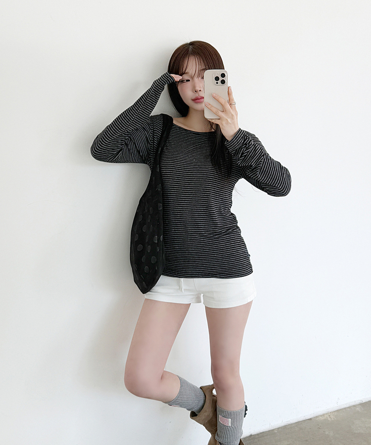 ストライプボートネックTシャツ BLACK