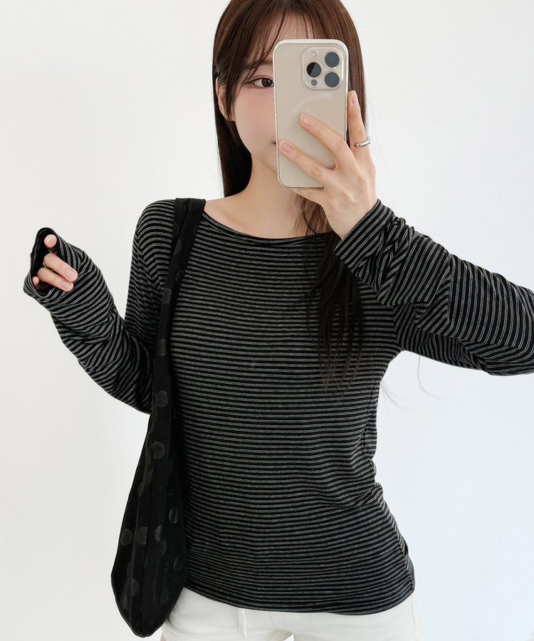 ストライプボートネックTシャツ BLACK