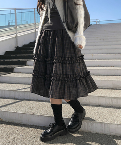 ビンテージチェックティアードミディスカート BLACK