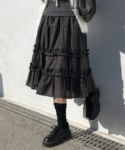 ビンテージチェックティアードミディスカート BLACK
