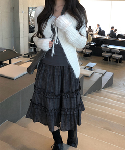 ビンテージチェックティアードミディスカート BLACK