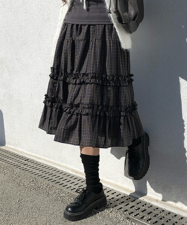 ビンテージチェックティアードミディスカート BLACK