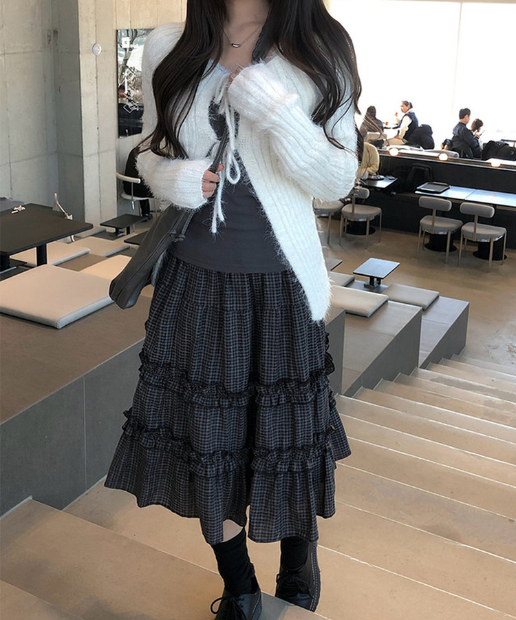 ビンテージチェックティアードミディスカート BLACK