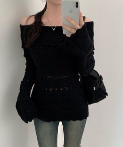 パンチングシースルーオフニット BLACK