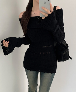 パンチングシースルーオフニット BLACK