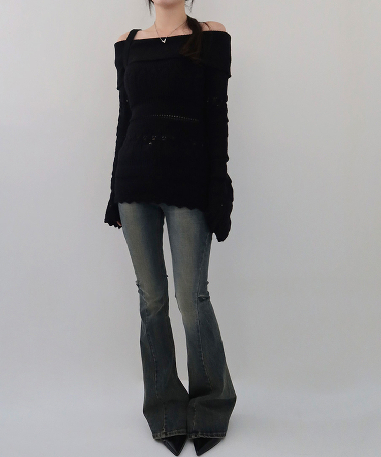 パンチングシースルーオフニット BLACK