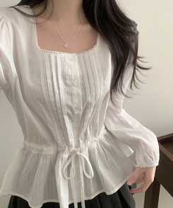 레이스 프릴 허리잘록 스트링 긴팔블라우스 아이보리