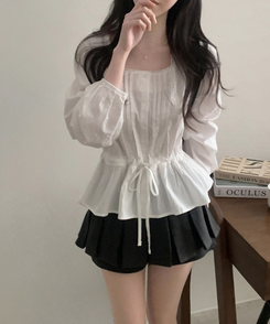 레이스 프릴 허리잘록 스트링 긴팔블라우스 아이보리