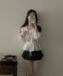 레이스 프릴 허리잘록 스트링 긴팔블라우스 아이보리