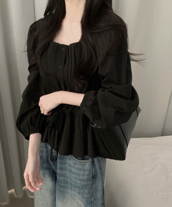 레이스 프릴 허리잘록 스트링 긴팔블라우스 블랙