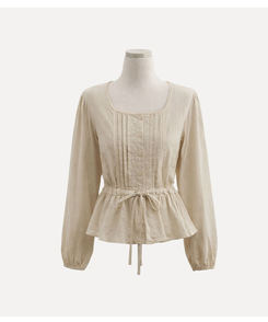 레이스 프릴 허리잘록 스트링 긴팔블라우스