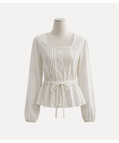 레이스 프릴 허리잘록 스트링 긴팔블라우스