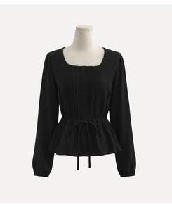 레이스 프릴 허리잘록 스트링 긴팔블라우스