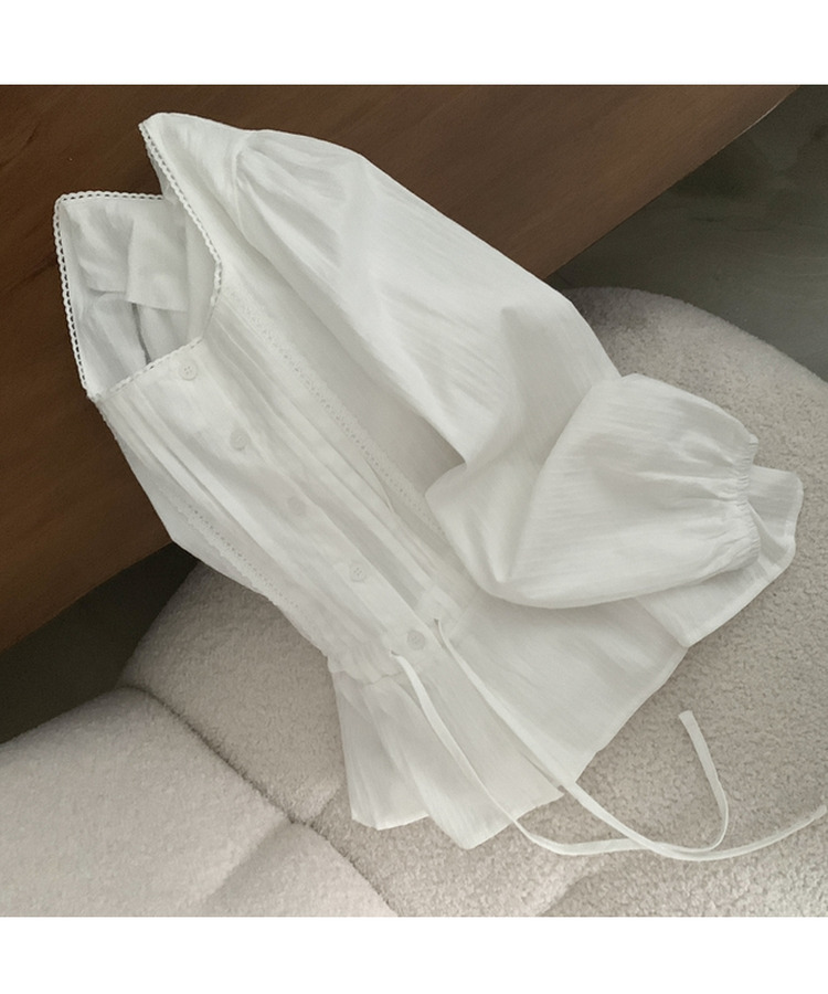 레이스 프릴 허리잘록 스트링 긴팔블라우스