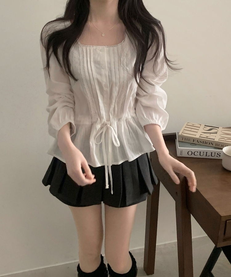 레이스 프릴 허리잘록 스트링 긴팔블라우스 아이보리