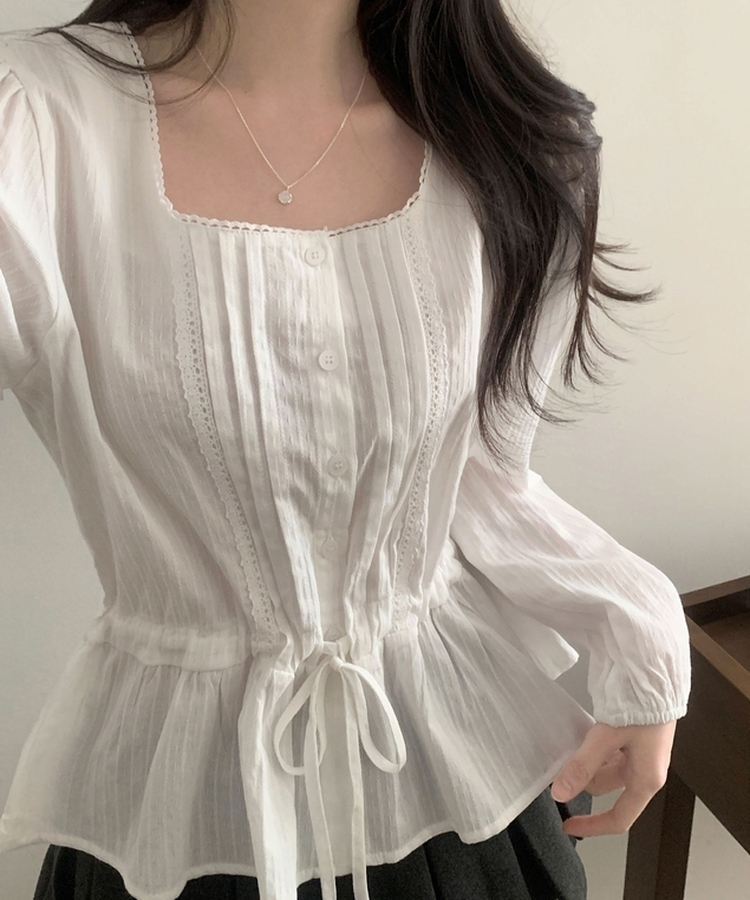 레이스 프릴 허리잘록 스트링 긴팔블라우스 아이보리