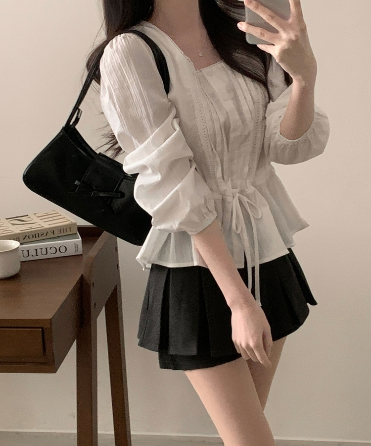 레이스 프릴 허리잘록 스트링 긴팔블라우스 아이보리