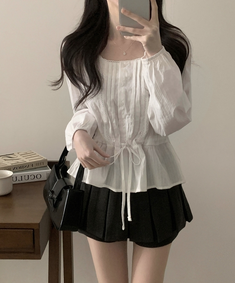 레이스 프릴 허리잘록 스트링 긴팔블라우스 아이보리