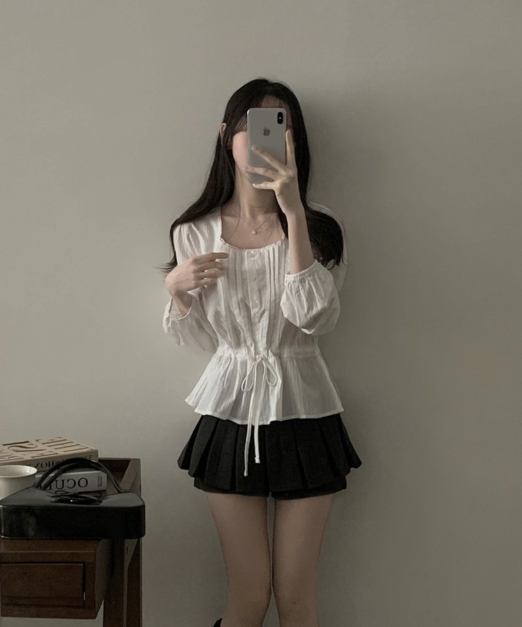 레이스 프릴 허리잘록 스트링 긴팔블라우스 아이보리