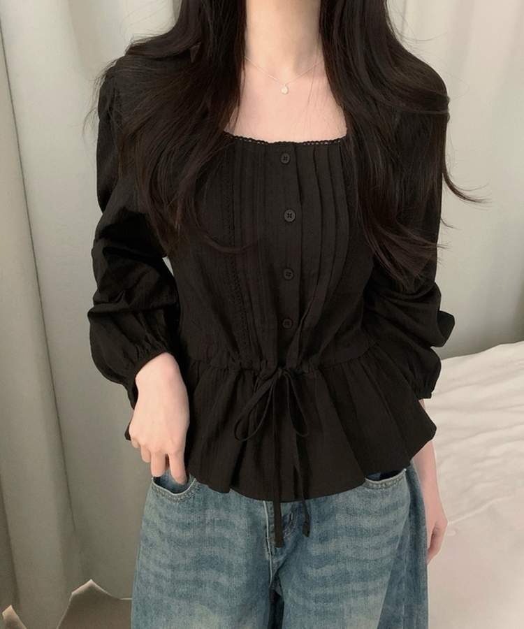 레이스 프릴 허리잘록 스트링 긴팔블라우스 블랙