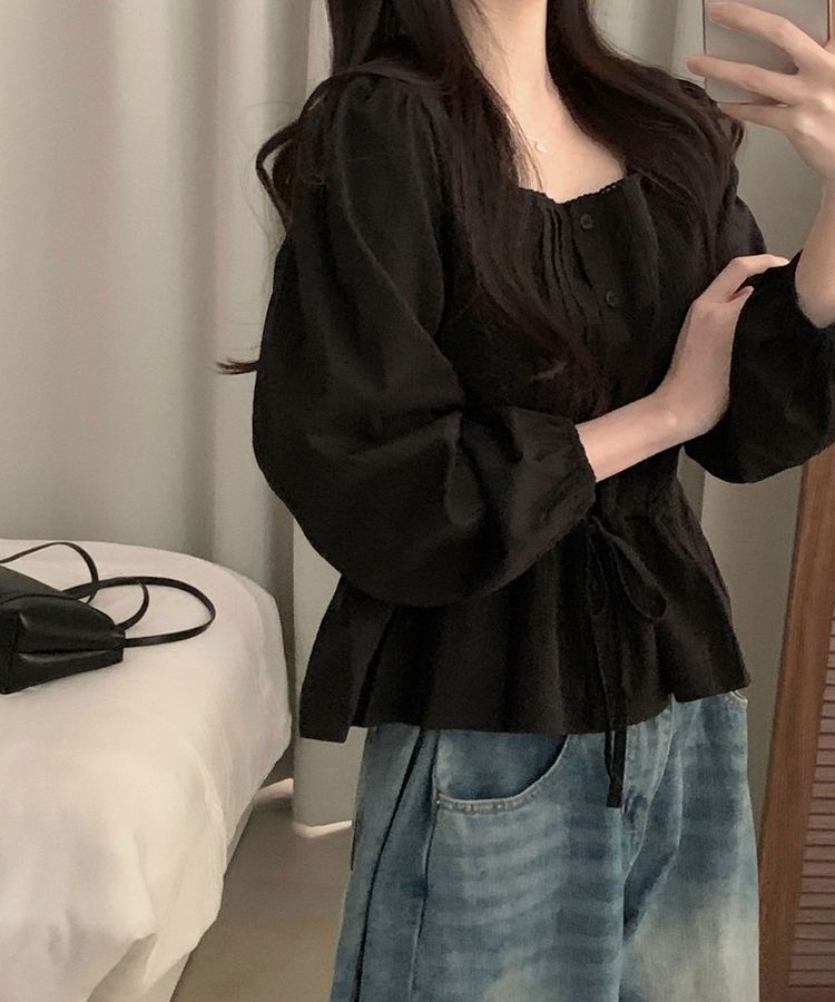 레이스 프릴 허리잘록 스트링 긴팔블라우스 블랙